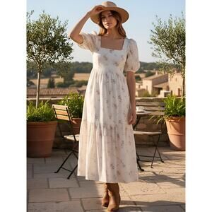WAYF Cream Whisper Pink Floral Open Back Puff Sleeve Midi Dress M NWT